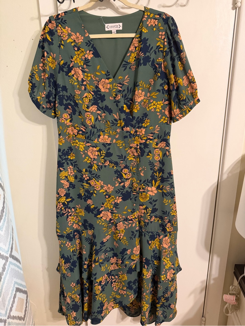 Nanette Lepore Olive Green Floral V-Neck Midi Dress